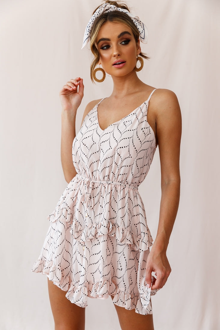 Provence Frill Trim Drawstring Waist Dress Polka Dot Print Blush by Selfie Leslie