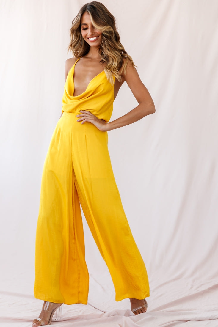 Jaclyn Wide-Leg Cowl Neck Jumpsuit Mustard by Selfie Leslie
