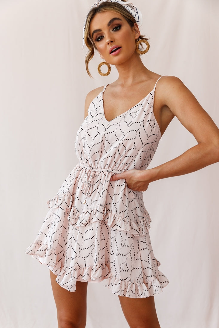 Provence Frill Trim Drawstring Waist Dress Polka Dot Print Blush by Selfie Leslie