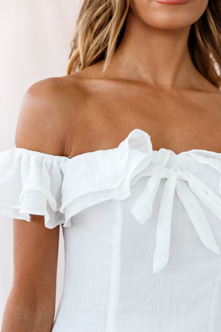 Heaven Bardot Neckline Ruffle Trim Dress White by Selfie Leslie