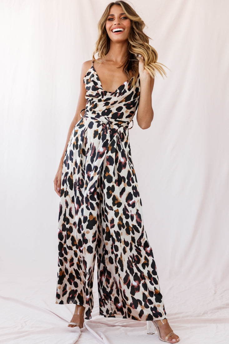 Mali Wide Leg Belted Jumpsuit Leopard by Selfie Leslie