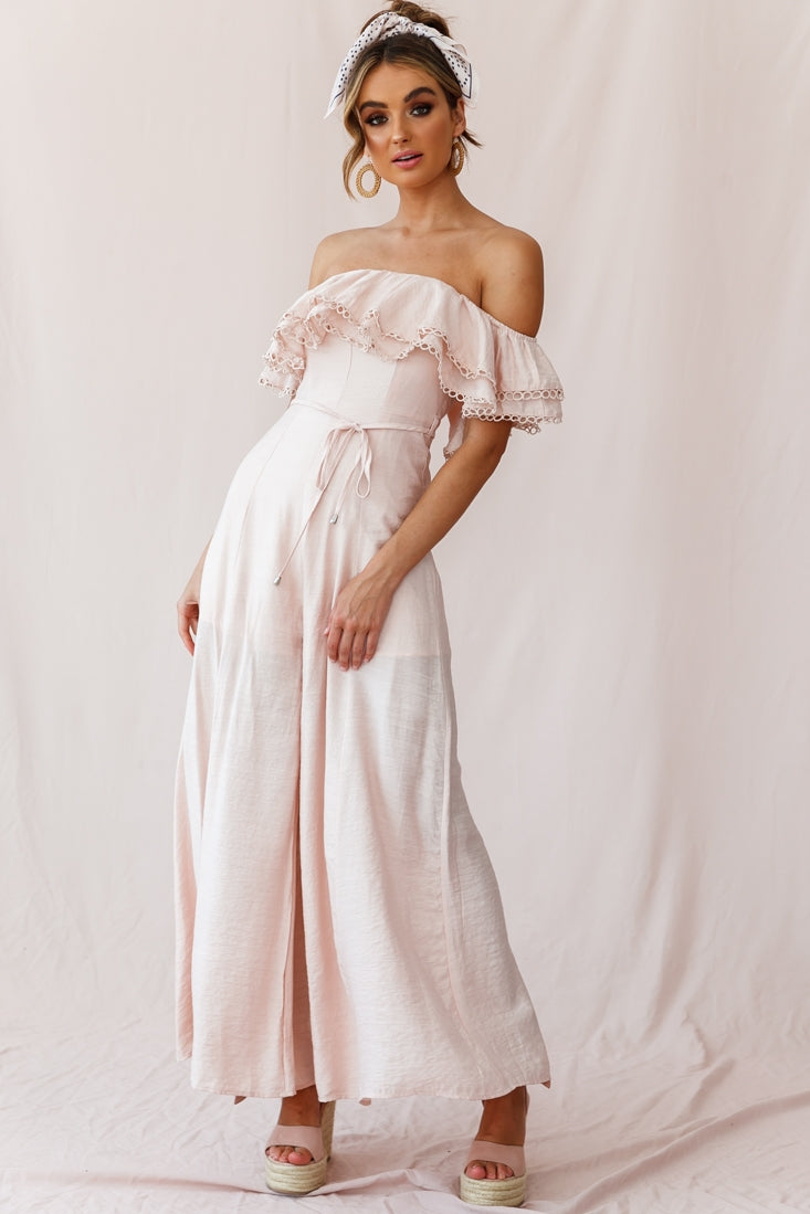 Beloved Off-Shoulder Wide Leg Jumpsuit Nude by Selfie Leslie