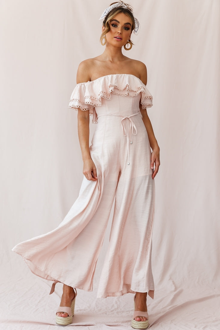 Beloved Off-Shoulder Wide Leg Jumpsuit Nude by Selfie Leslie