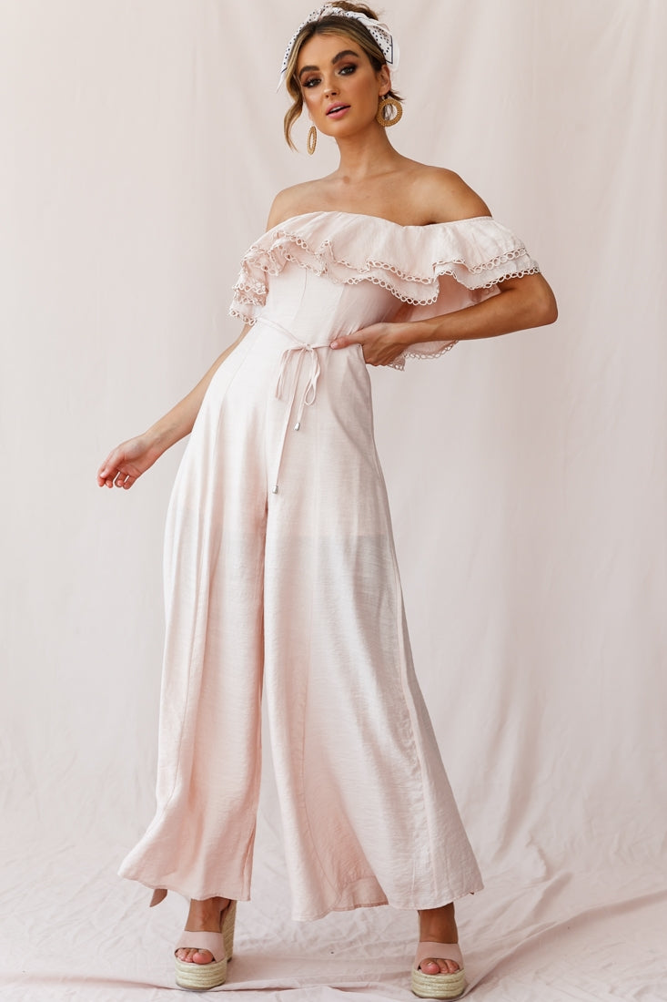 Beloved Off-Shoulder Wide Leg Jumpsuit Nude by Selfie Leslie