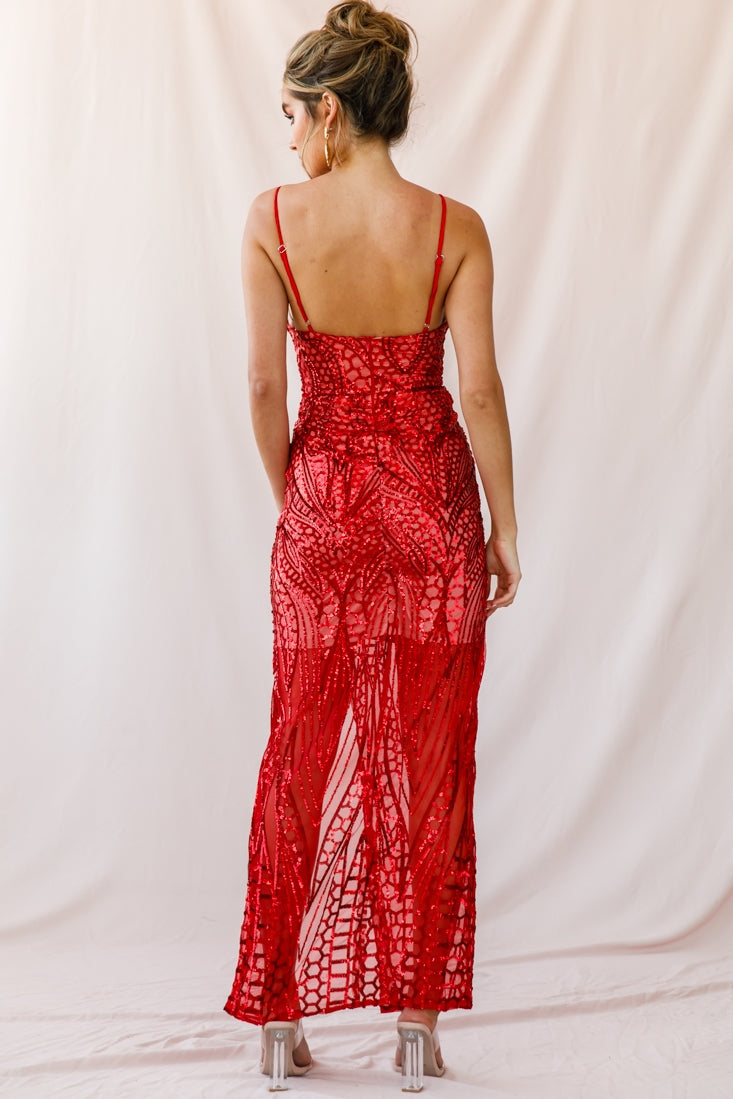 Miya Sequin Overlay Plunging Neckline Dress Red by Selfie Leslie
