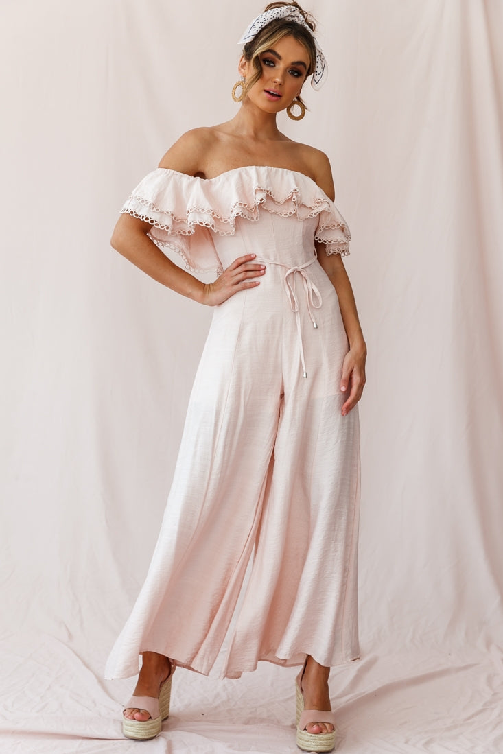 Beloved Off-Shoulder Wide Leg Jumpsuit Nude by Selfie Leslie