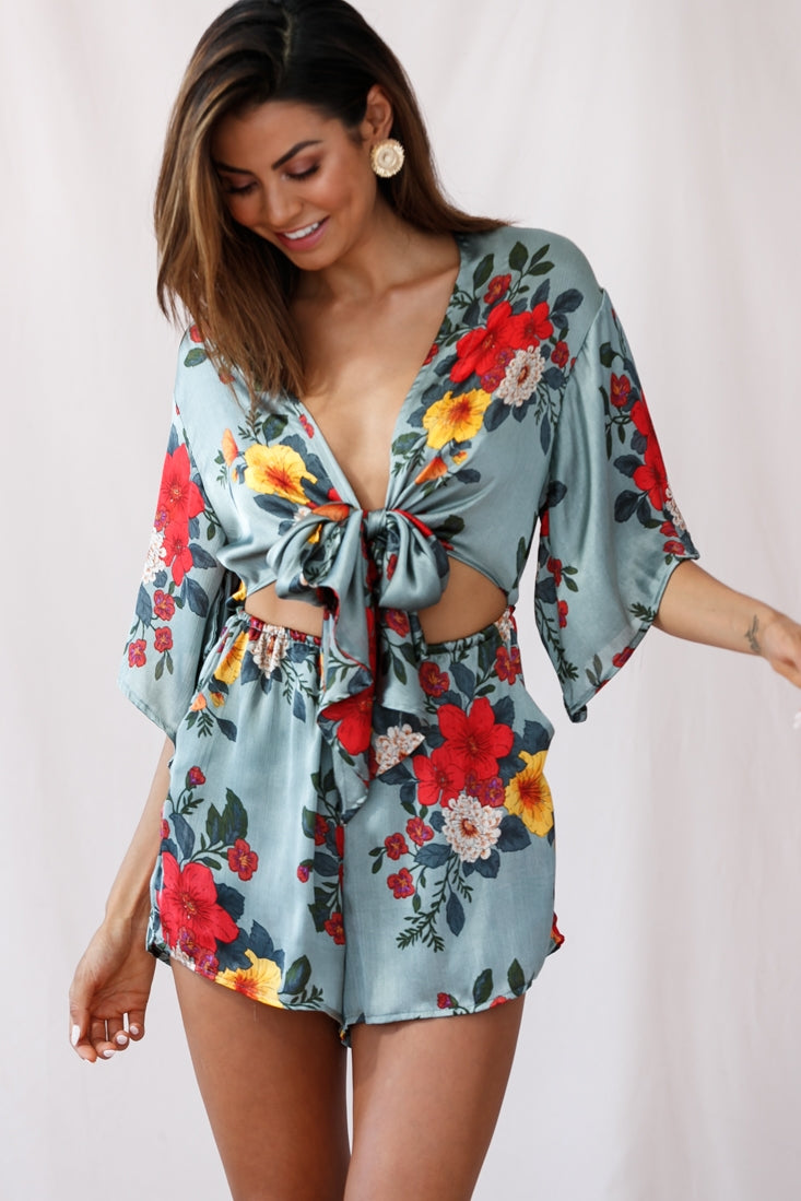 Rivera Tie-Knot Bell Sleeve Romper Mocha main image 1