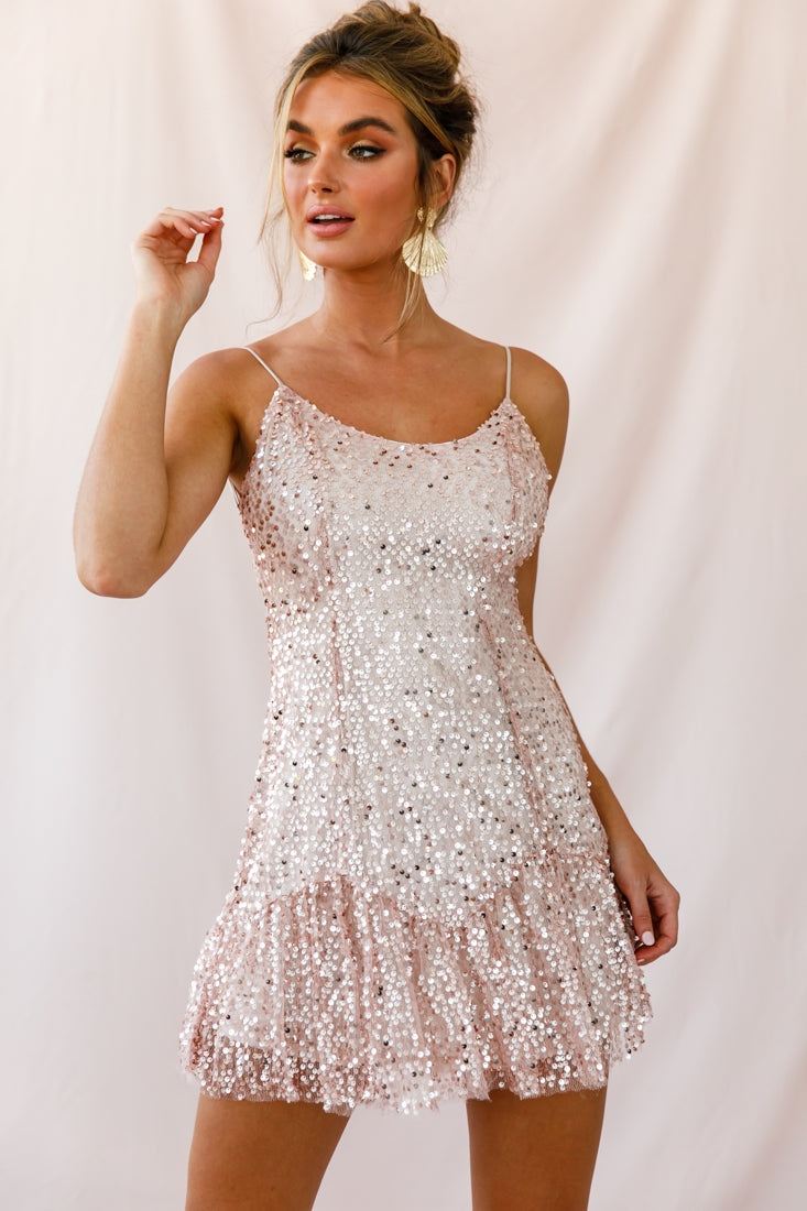 Shine Spaghetti Strap Sequin Mini Dress Rose Gold by Selfie Leslie