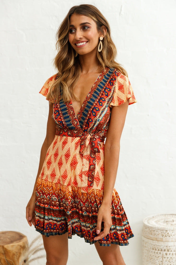 Mayan Angel Sleeve Waist Tie Dress Red Print by Selfie Leslie