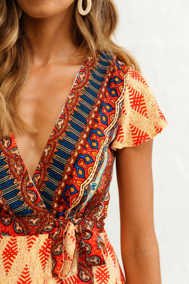 Mayan Angel Sleeve Waist Tie Dress Red Print by Selfie Leslie