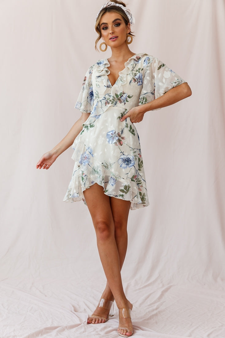 June Angel Sleeve Ruffle Detail Dress Floral Print Beige by Selfie Leslie
