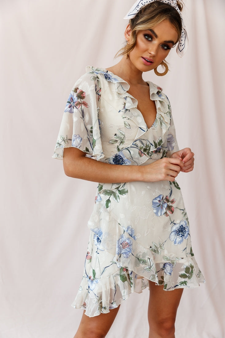 June Angel Sleeve Ruffle Detail Dress Floral Print Beige by Selfie Leslie