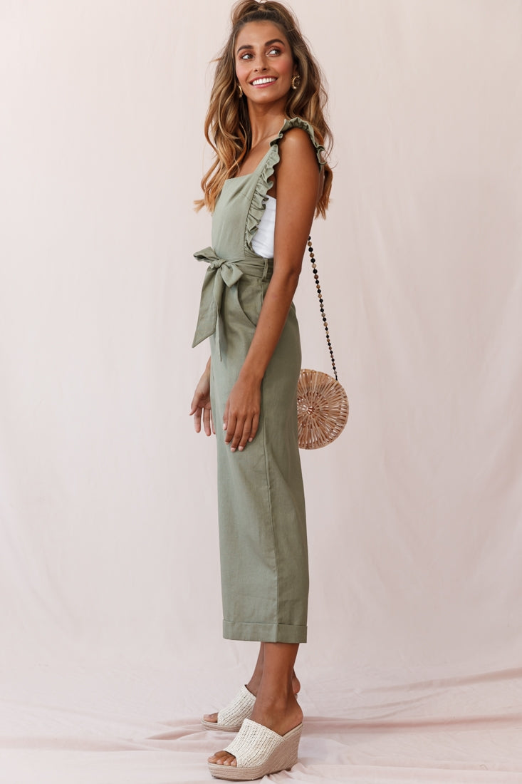 Serenade Ruffle Strap Pinafore Jumpsuit Olive by Selfie Leslie