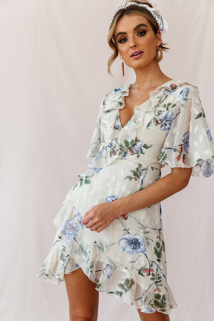 June Angel Sleeve Ruffle Detail Dress Floral Print Beige by Selfie Leslie