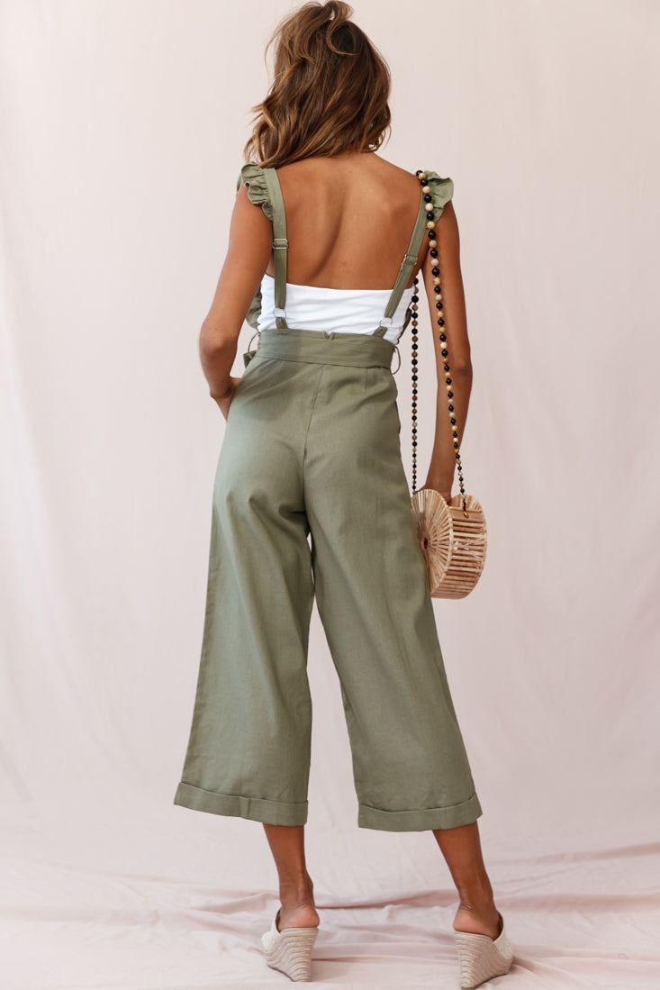 Serenade Ruffle Strap Pinafore Jumpsuit Olive by Selfie Leslie