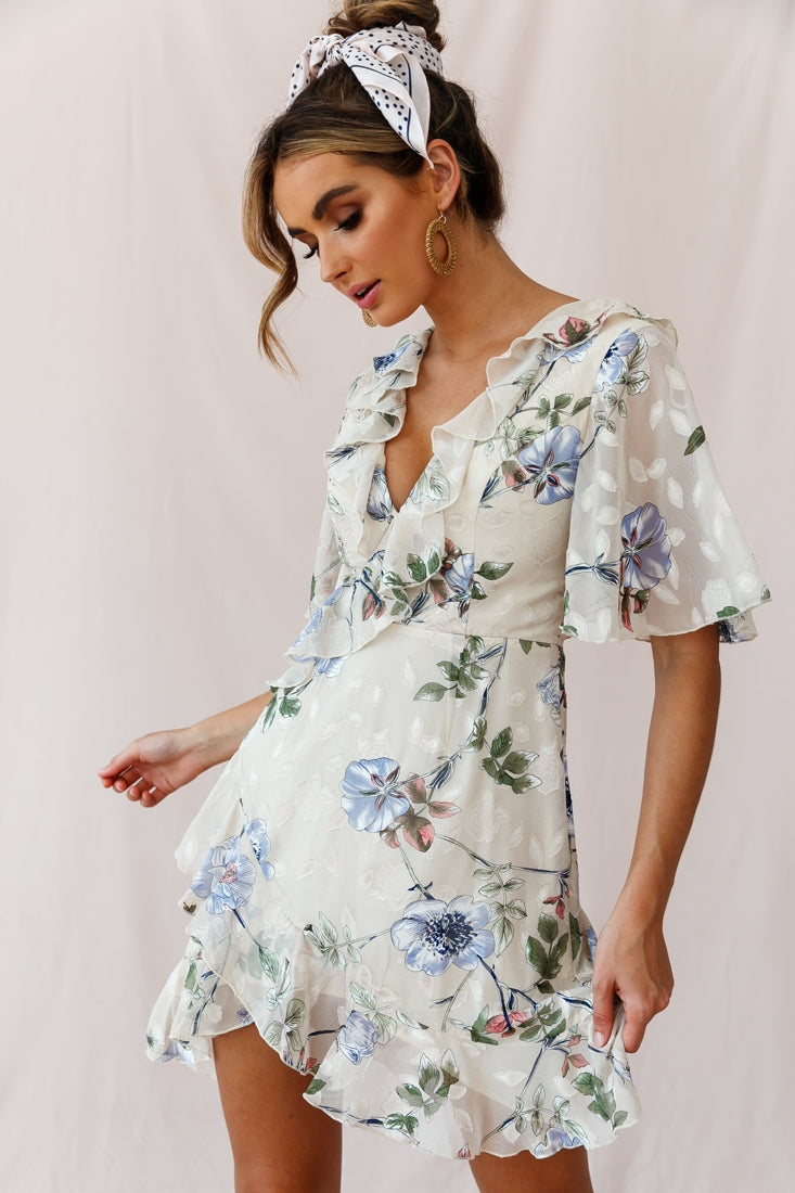 June Angel Sleeve Ruffle Detail Dress Floral Print Beige by Selfie Leslie