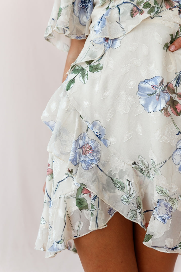 June Angel Sleeve Ruffle Detail Dress Floral Print Beige by Selfie Leslie