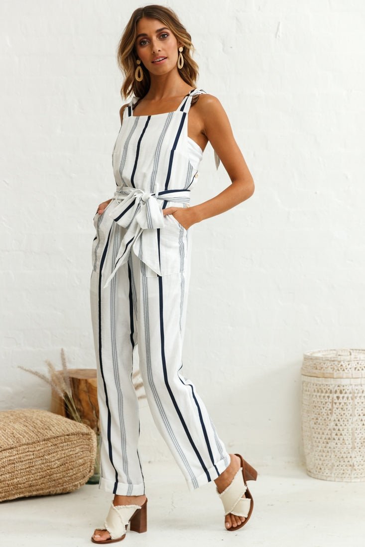 Fresno Straight Leg Pinafore Jumpsuit Stripe Print Navy by Selfie Leslie