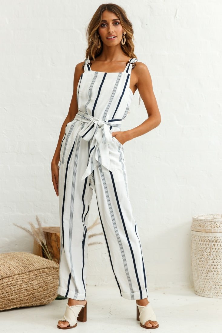 Fresno Straight Leg Pinafore Jumpsuit Stripe Print Navy by Selfie Leslie