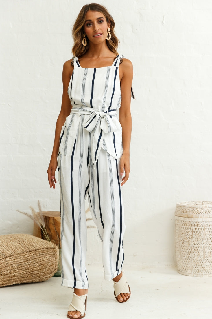 Fresno Straight Leg Pinafore Jumpsuit Stripe Print Navy by Selfie Leslie
