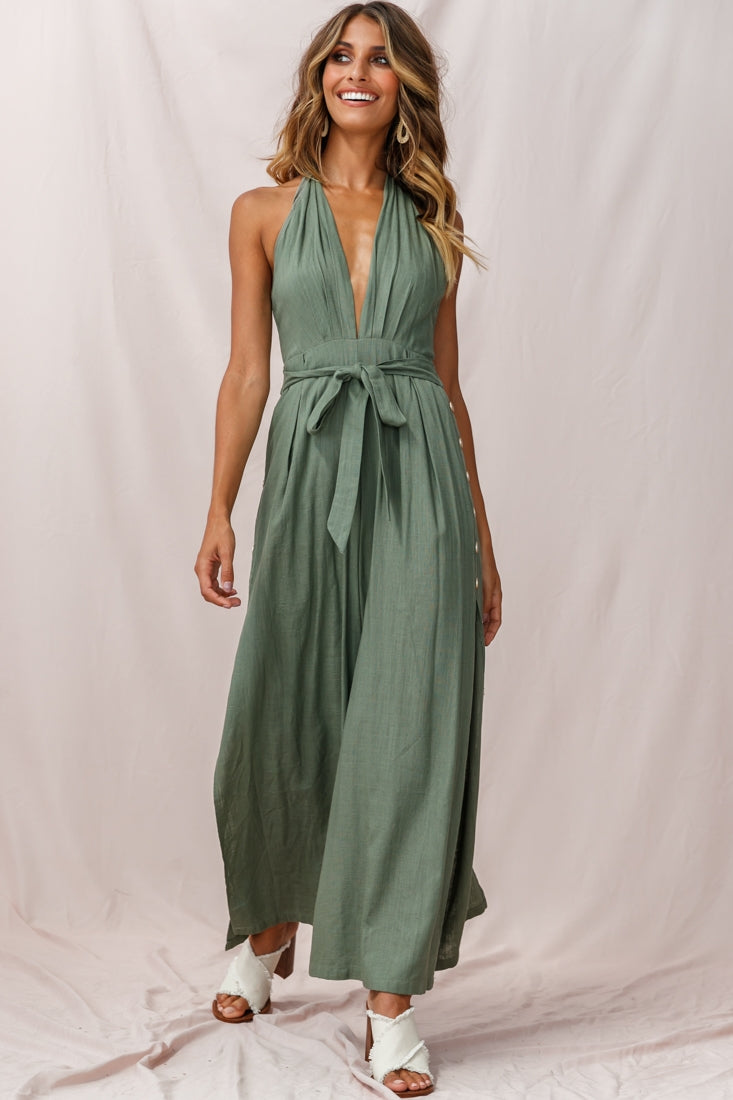 Aruba Wide Leg Halterneck Jumpsuit Khaki by Selfie Leslie