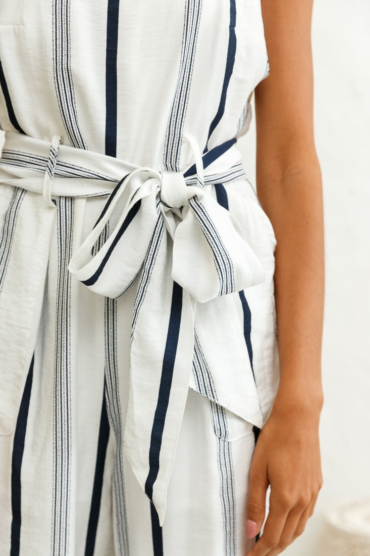 Fresno Straight Leg Pinafore Jumpsuit Stripe Print Navy by Selfie Leslie