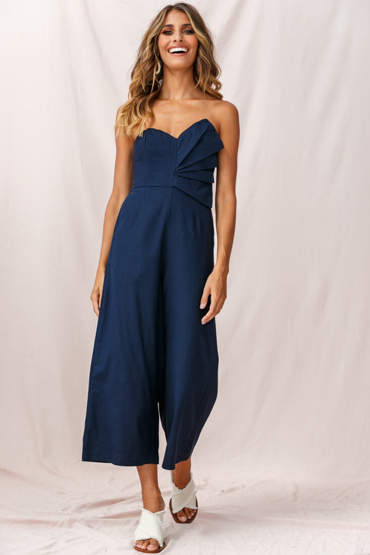 Call Me Wide-Leg Linen Bandeau Jumpsuit Navy by Selfie Leslie