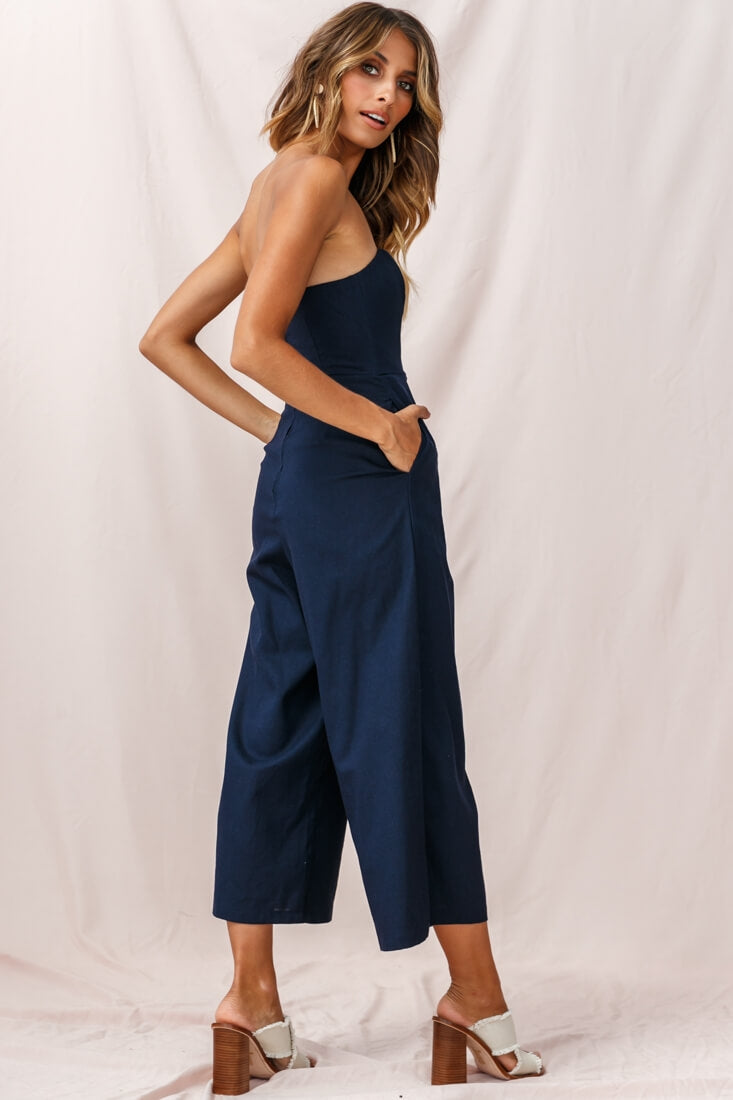 Call Me Wide-Leg Linen Bandeau Jumpsuit Navy by Selfie Leslie