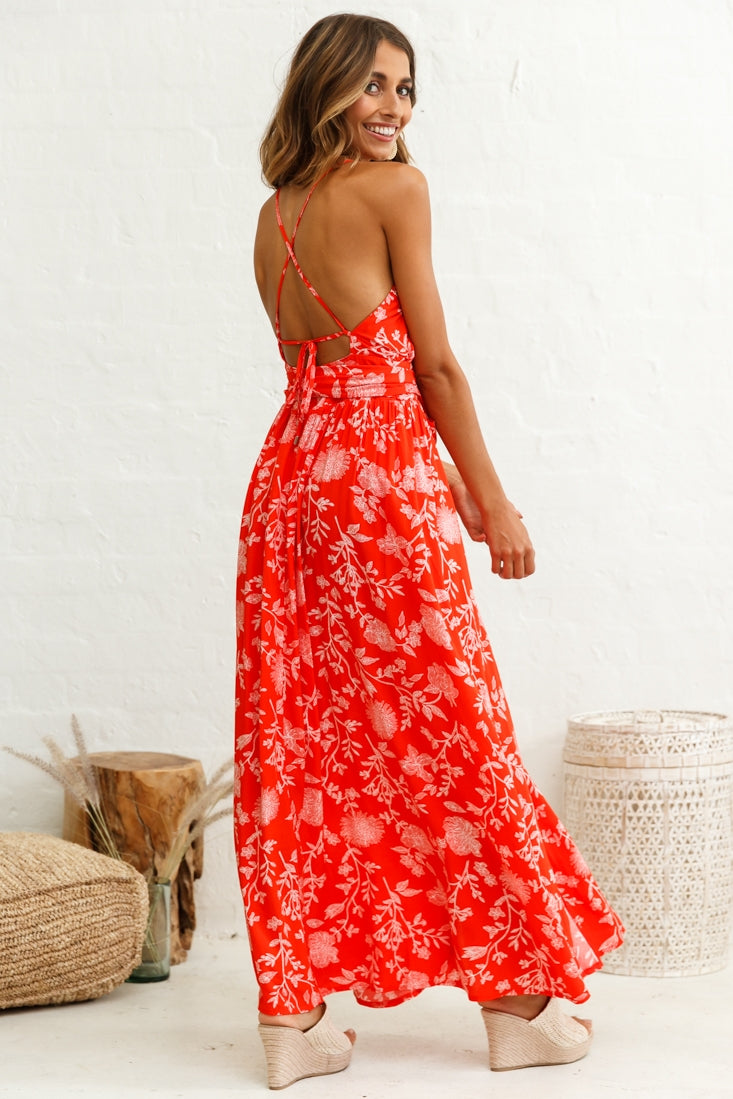 Athena High Split Maxi Dress Floral Print Red by Selfie Leslie