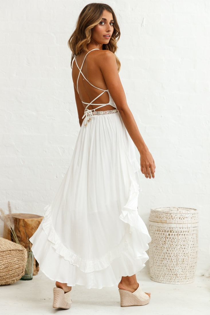 Virgo High-Low Hem Lace-Up Dress White Virgo High-Low Hem Lace-Up Dress White