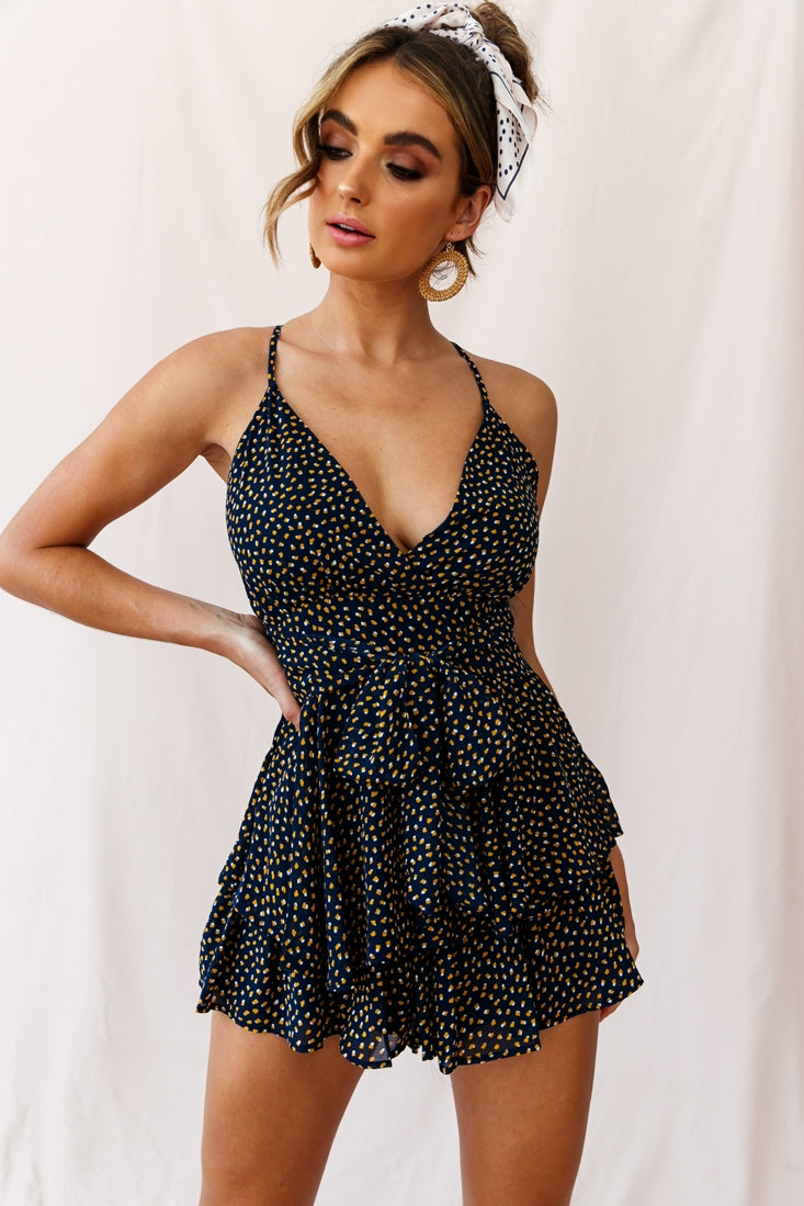 Maddox Fit & Flare Cami Strap Romper Speckle Print Navy by Selfie Leslie