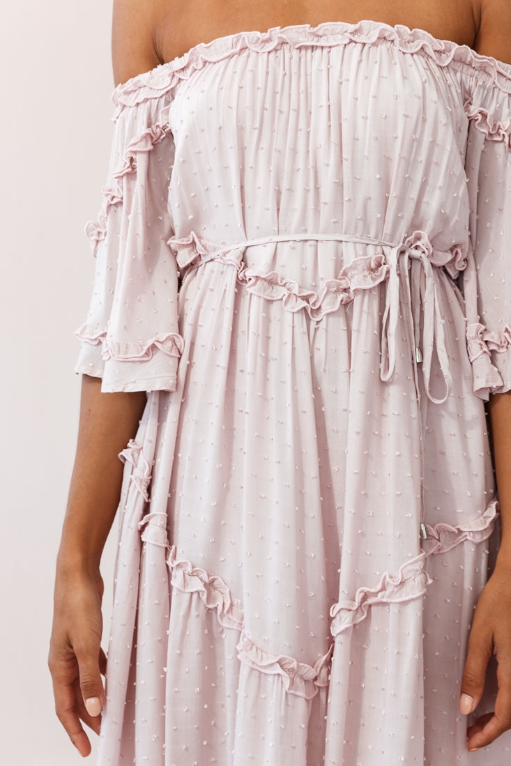 Renoir Off-Shoulder Frill Trim Midi Dress Mauve by Selfie Leslie