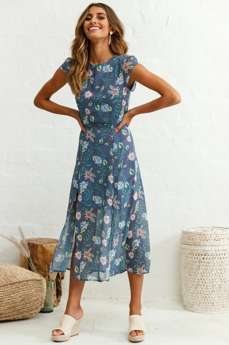 Becky Cap Sleeve Crew Neck Midi Dress Floral Print Ink by Selfie Leslie