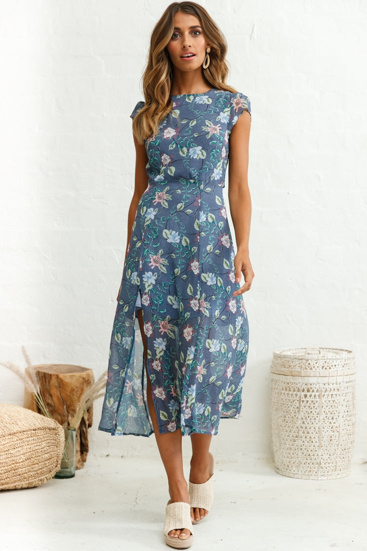 Becky Cap Sleeve Crew Neck Midi Dress Floral Print Ink by Selfie Leslie
