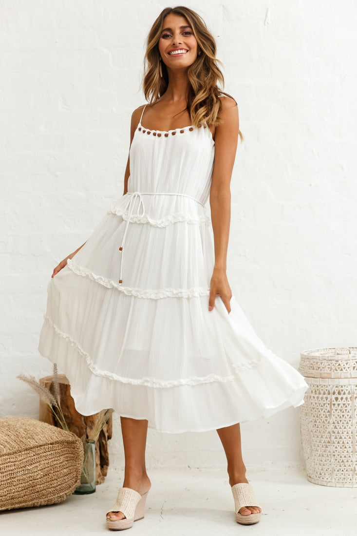 Shop the Daybreak Frill Trim Wooden Bead Midi Dress White