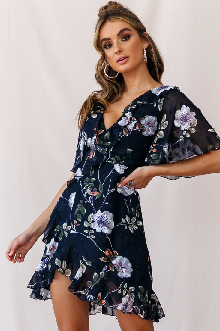June Angel Sleeve Ruffle Detail Dress Navy by Selfie Leslie