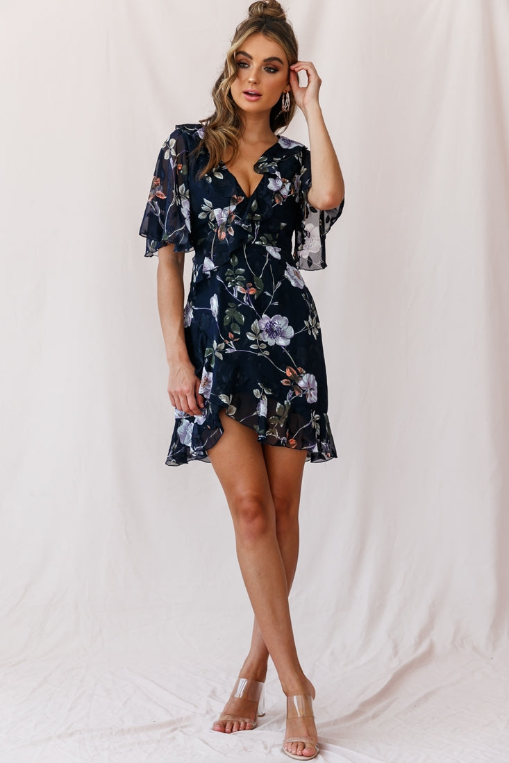 June Angel Sleeve Ruffle Detail Dress Navy by Selfie Leslie