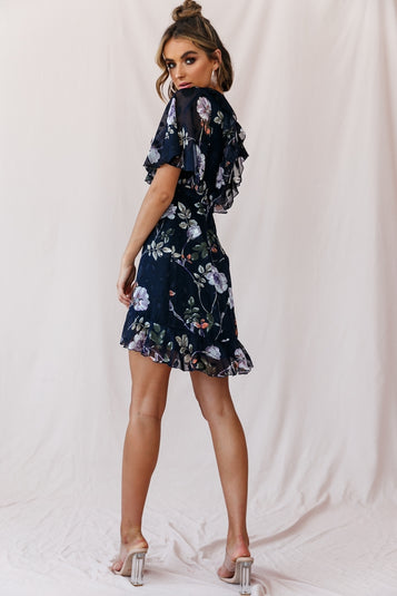 June Angel Sleeve Ruffle Detail Dress Floral Print Teal