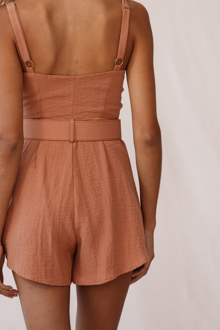 Crystal Tied Knot Belt Romper Tan by Selfie Leslie
