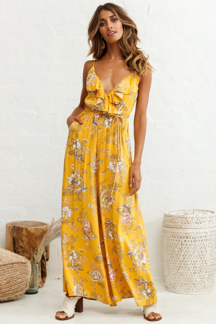 Melita Ruffle V-Neckline Jumpsuit Mustard Print by Selfie Leslie