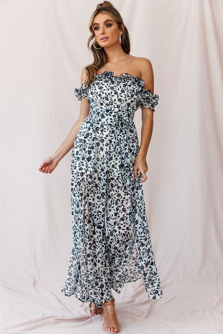 Jazz Bardot Neckline Wide Leg Split Jumpsuit by Selfie Leslie