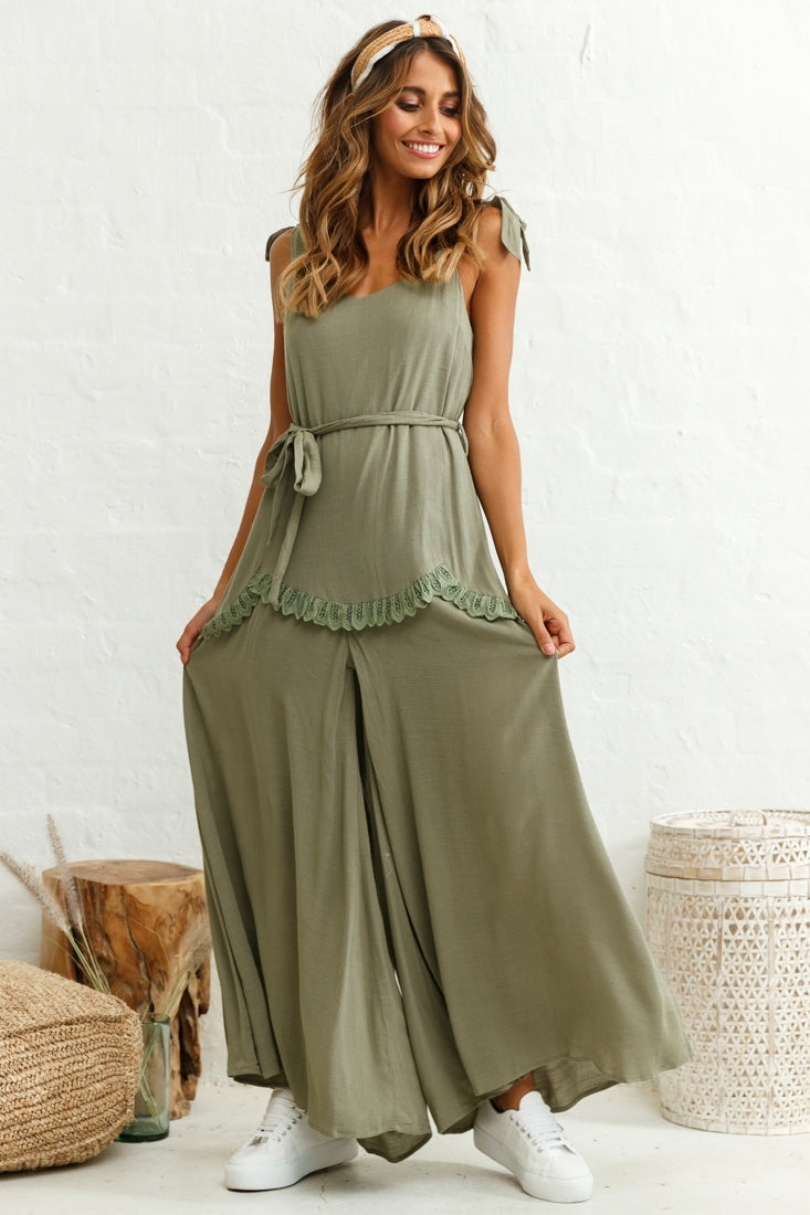 Talitha Tie Strap Wide Leg Jumpsuit Khaki by Selfie Leslie