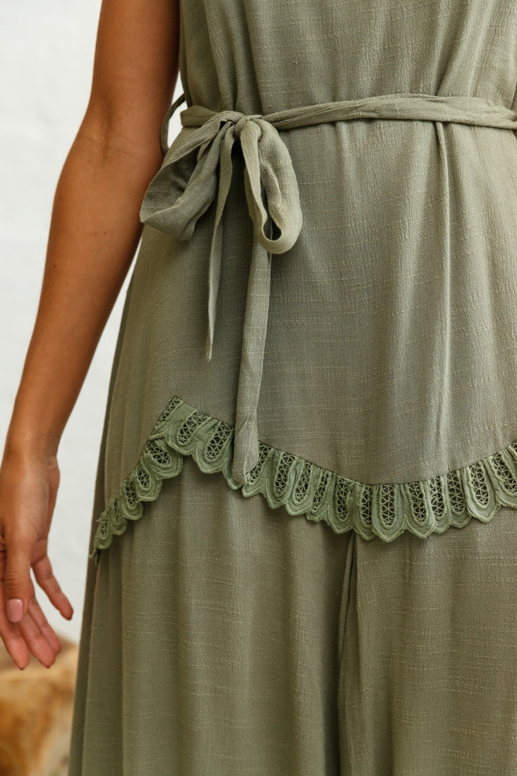 Talitha Tie Strap Wide Leg Jumpsuit Khaki by Selfie Leslie