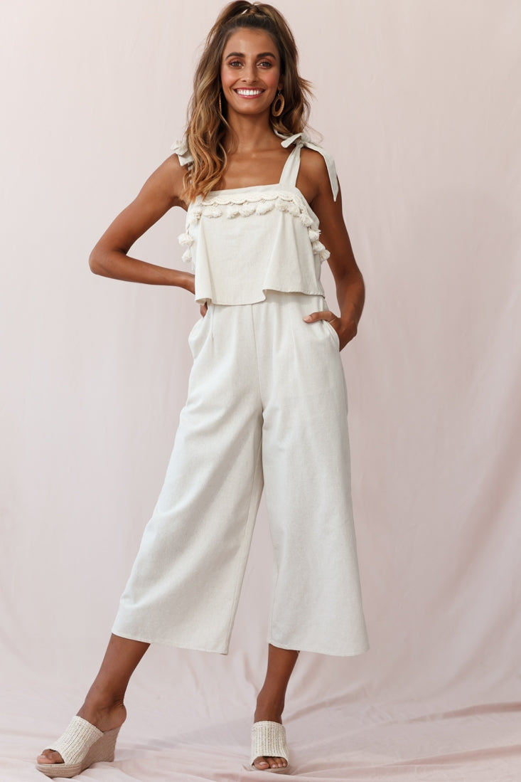 Sirocco Tassel Trim Tied Shoulder Midi Jumpsuit Natural by Selfie Leslie