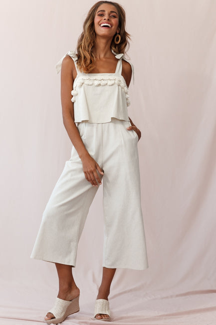 Sirocco Tassel Trim Tied Shoulder Dress Beige