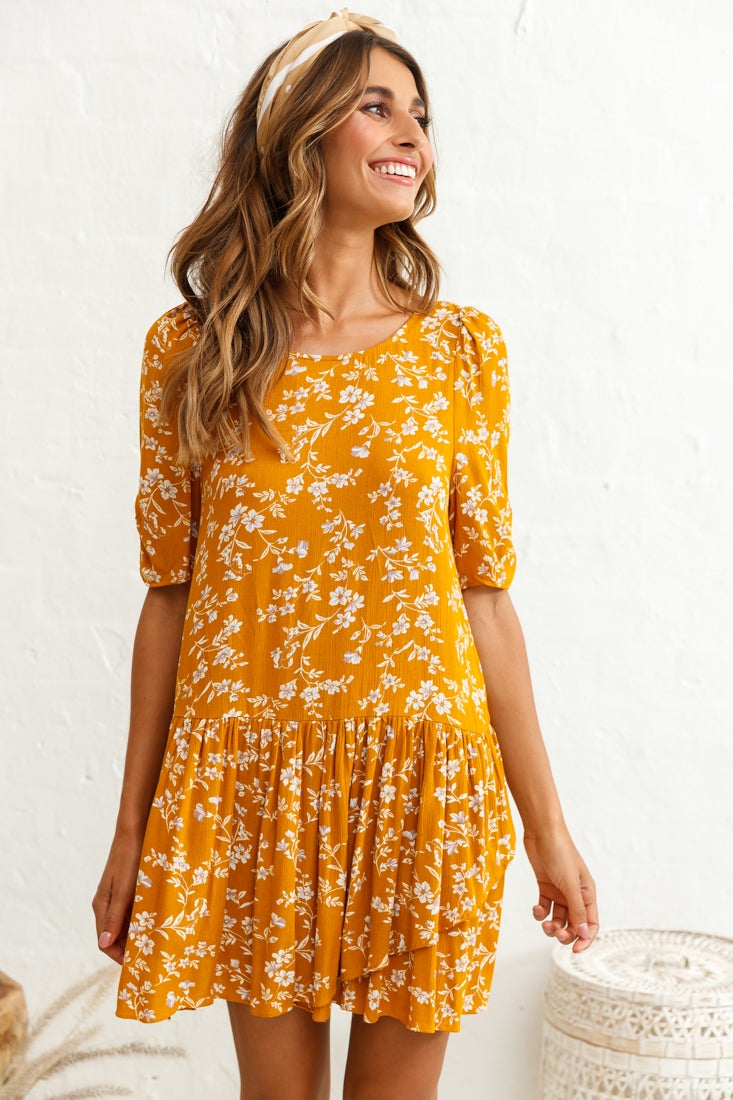 Marika Dropped Waist Short Sleeve Shift Dress Floral Print Mustard by Selfie Leslie