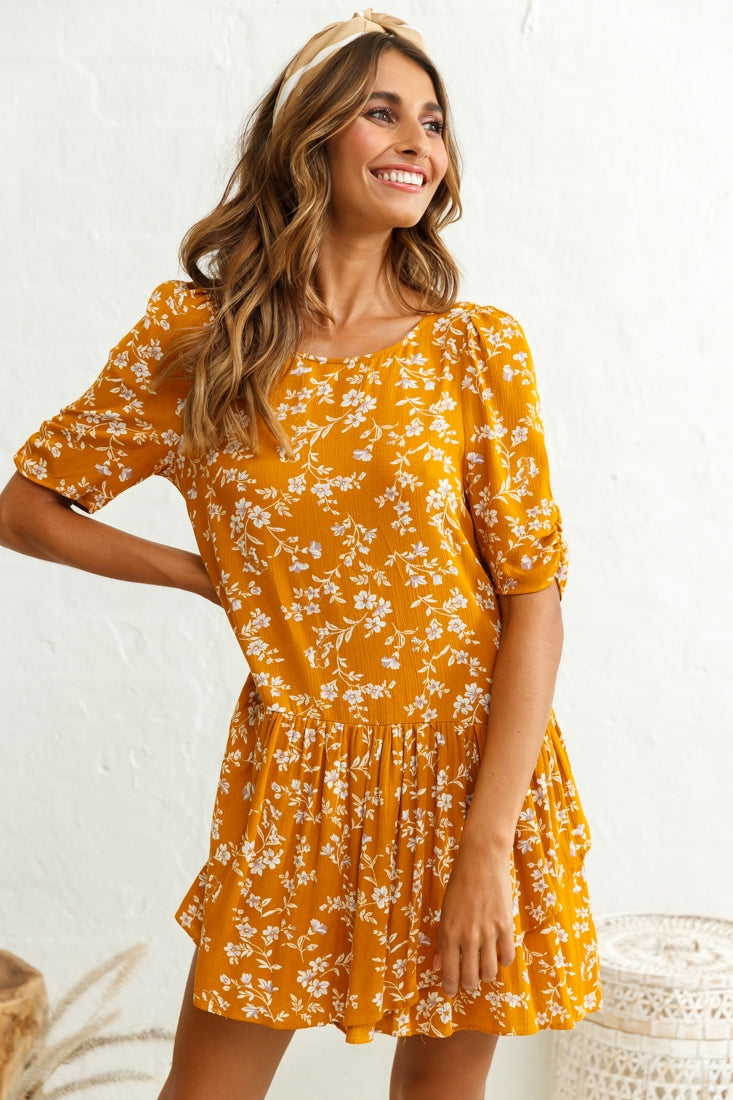 Marika Dropped Waist Short Sleeve Shift Dress Floral Print Mustard by Selfie Leslie