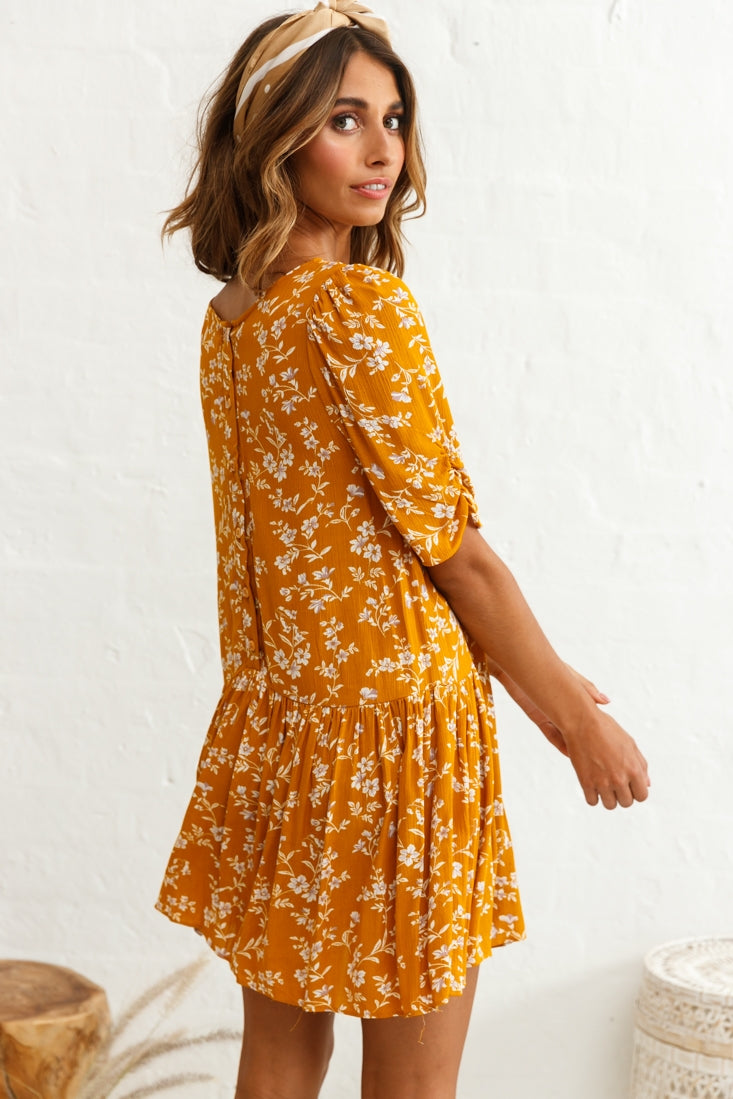 Shop the Marika Dropped Waist Short Sleeve Shift Dress Floral Print Mustard