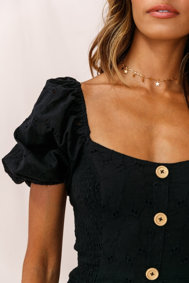 Darling Puff Sleeve Shirred Dress Black by Selfie Leslie