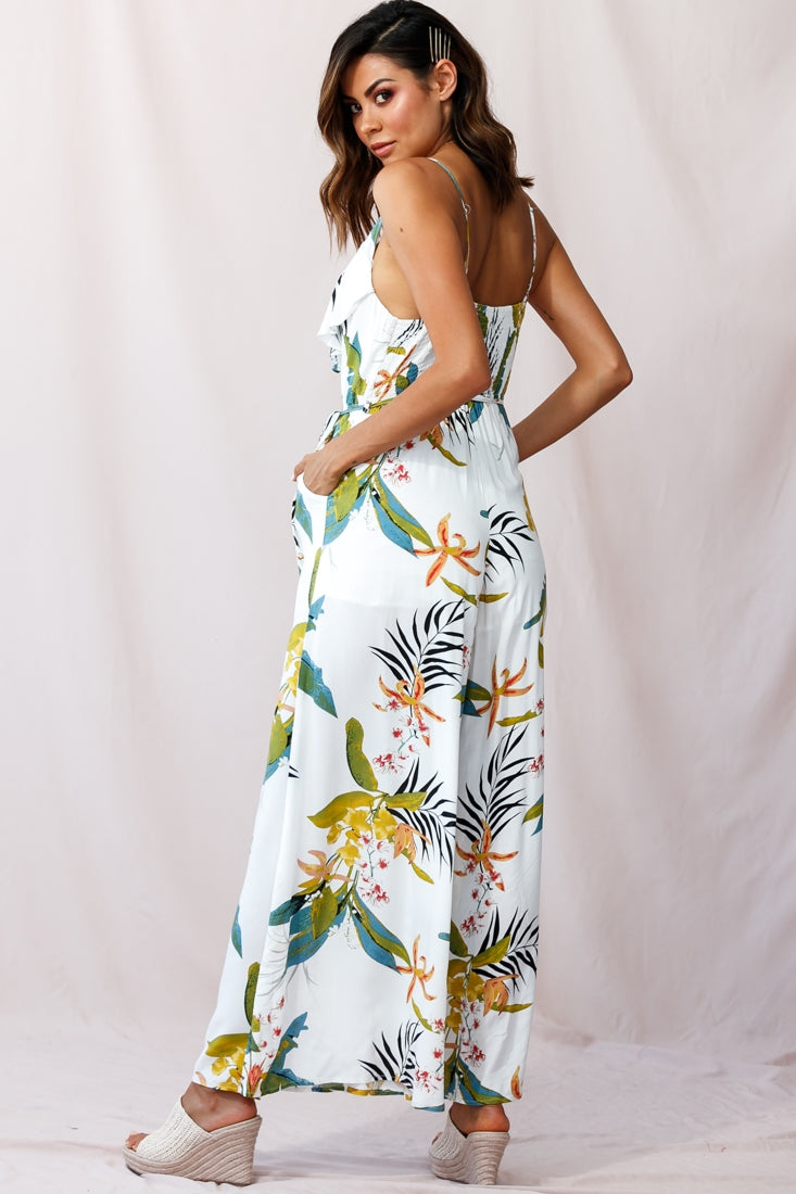 Melita Ruffle V-Neckline Jumpsuit Tropical Print White by Selfie Leslie